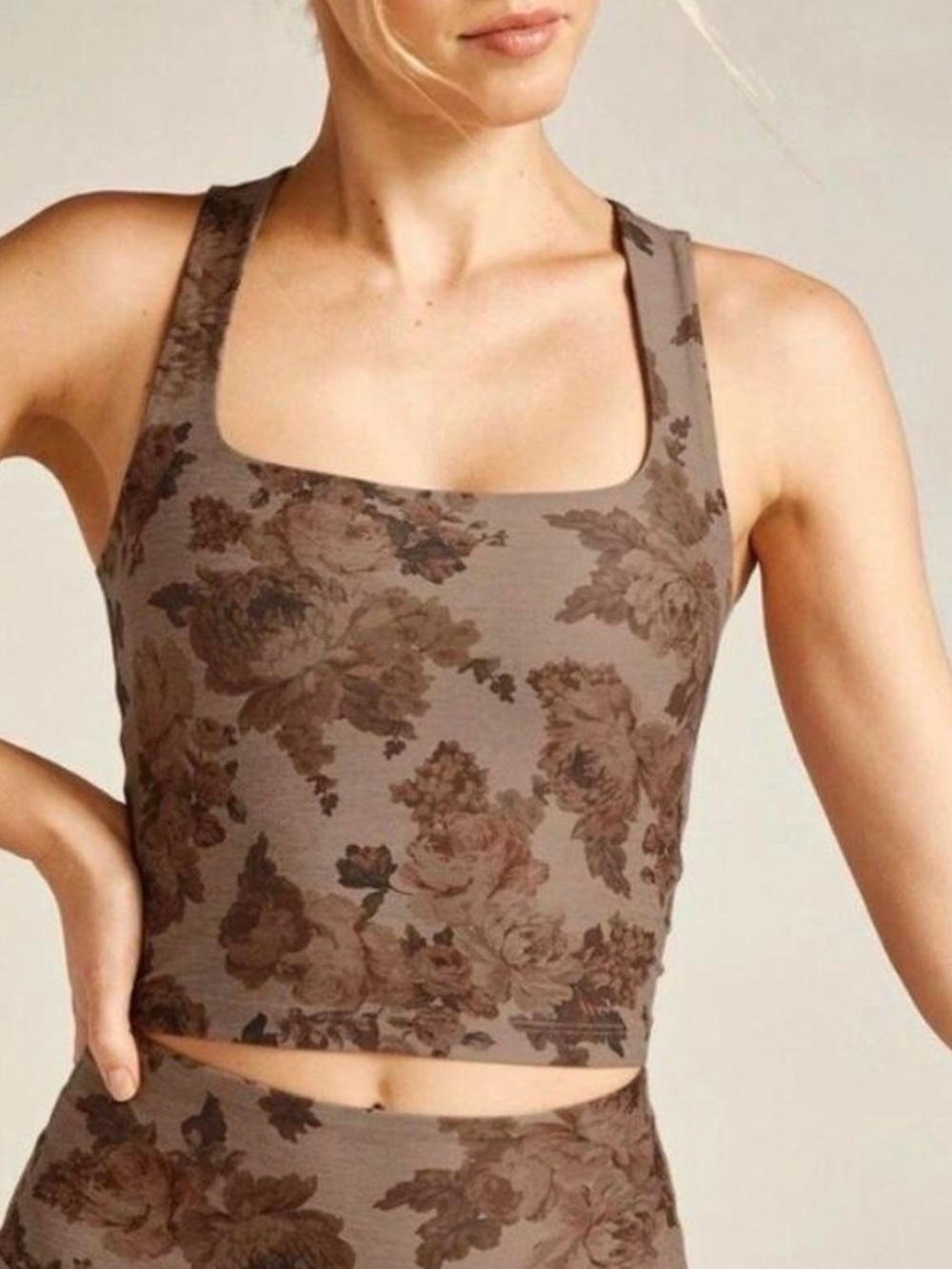 Beyond Yoga Floral Square-Neck Crop Top - Taupe Brown Floral